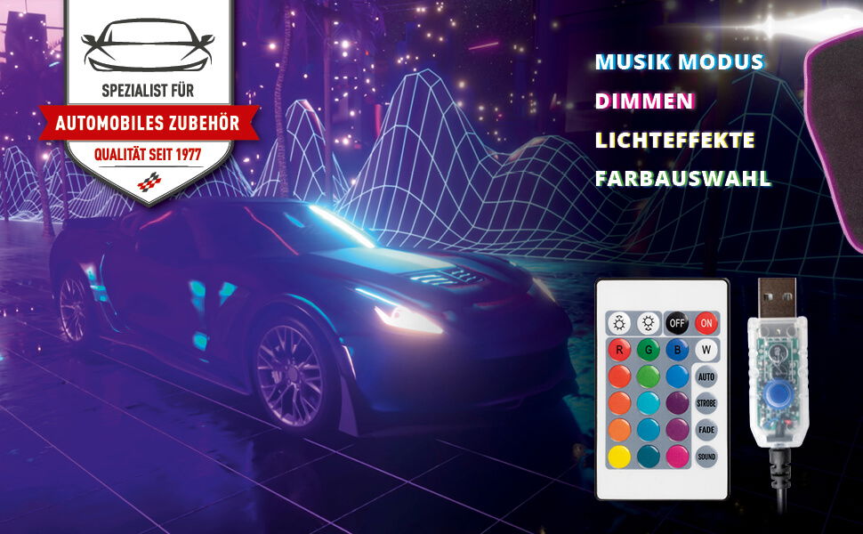 Lichtfunktionen Lichtfunktionen PKW-Fußmatte und Textil | Ambiente Fußmatten Ambiente und | | Textil mit PKW-Fußmatte | mit LED-Autoteppich LED-Autoteppich mit Automatten Universal Fußmatten Farbauswahl, mit Fernbedienung Fernbedienung Farbauswahl,