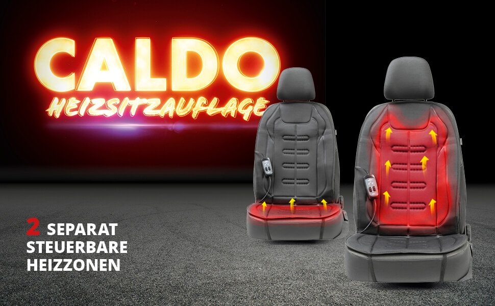 Premium Sitzauflage beheizbar, Modell Caldo - Sitzlehne & Sitzfläche  individuell beheizbar, 2 Heizstufen wählbar, Auto Sitzheizung mit  12-Volt-Stecker